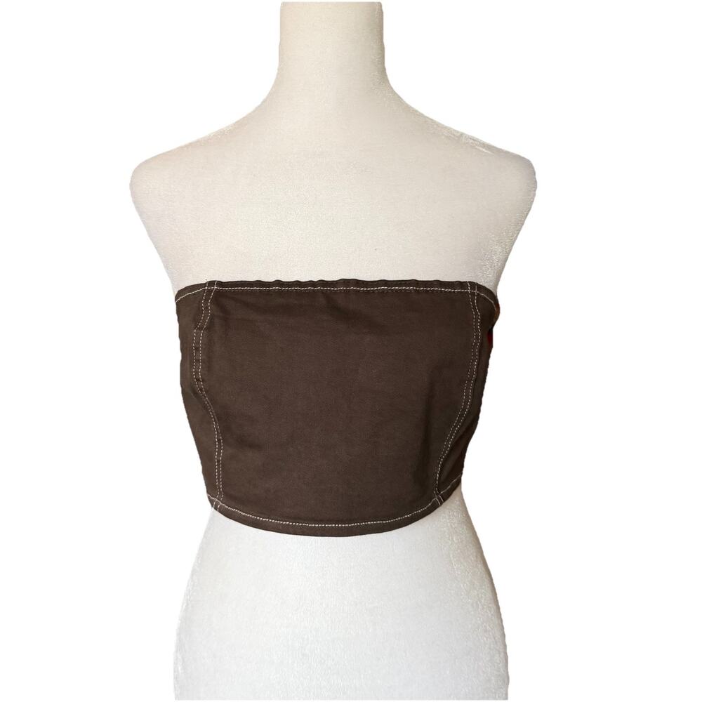NA-KD Womens Size 38 Contrast Seam Corset Denim Top Dark Brown Cropped Blouse